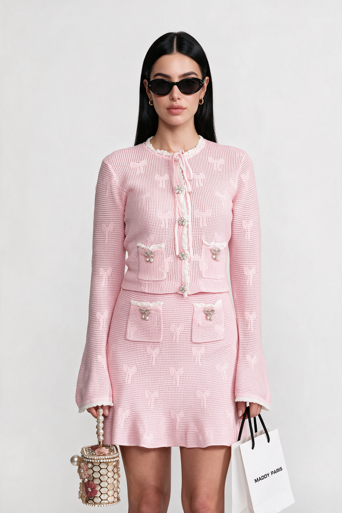 Knit Co-ord Set With Pearl and Bow Detailing – Baby Pink