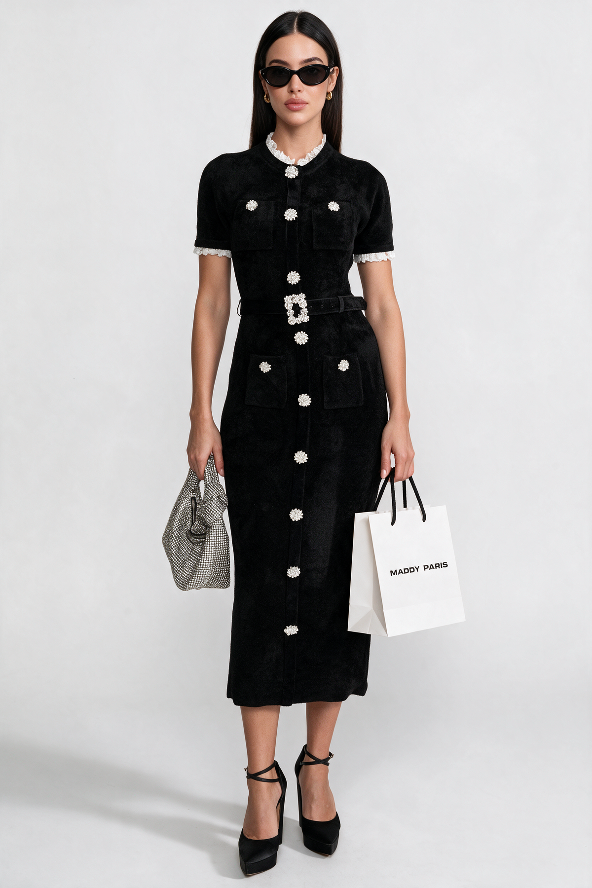 Elegant Midi Dress With Crystal Buttons and Lace Trim – Black