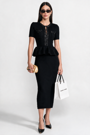 Lucrezia Black Textured Knit Midi Dress with Peplum Waist Detail