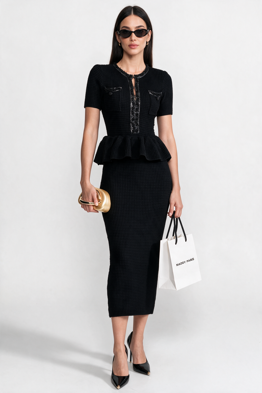 Textured Knit Midi Dress with Peplum Waist Detail – Black