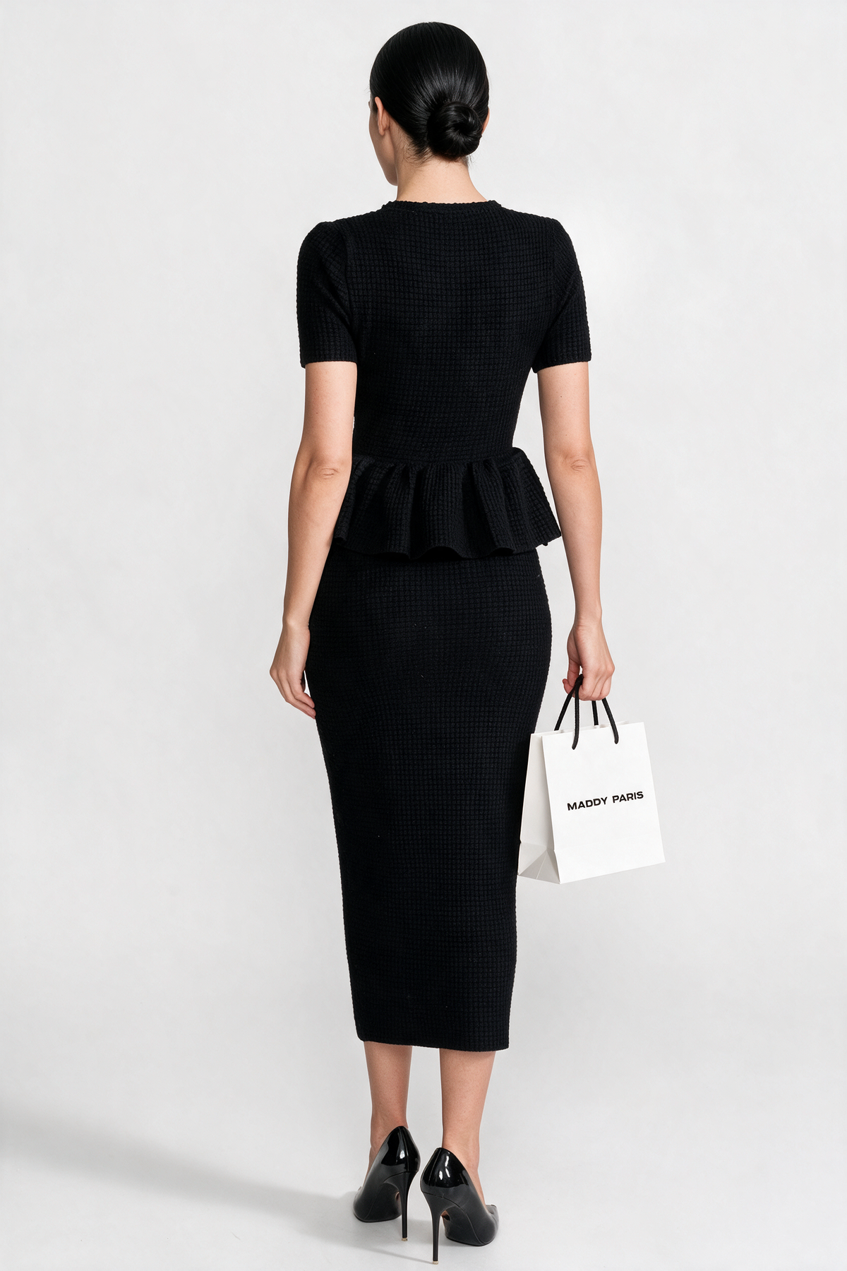 Textured Knit Midi Dress with Peplum Waist Detail – Black