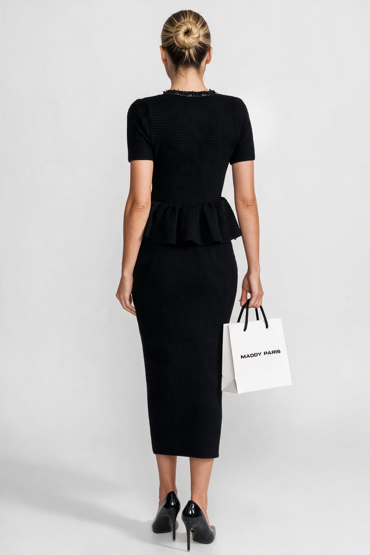 Textured Knit Midi Dress with Peplum Waist Detail – Black