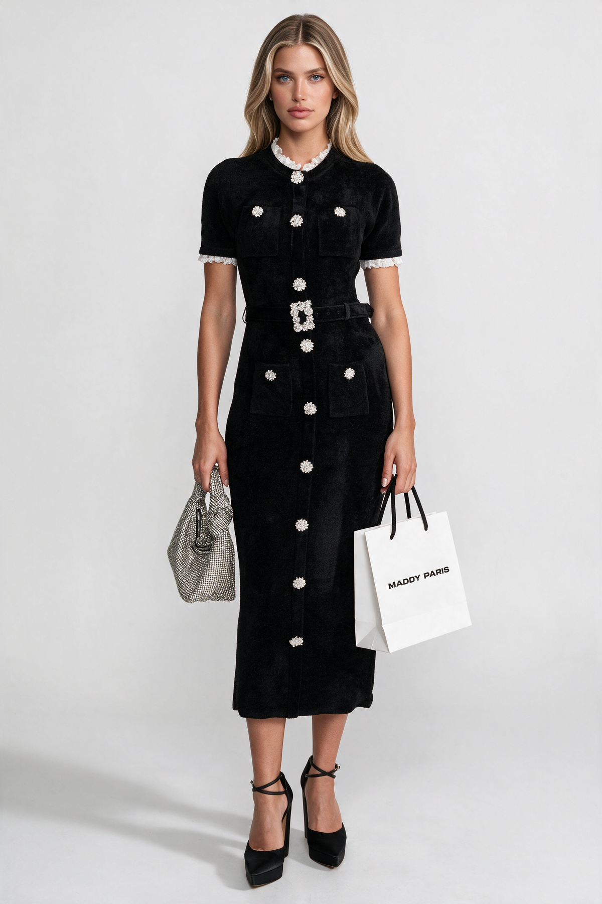 Elegant Midi Dress With Crystal Buttons and Lace Trim – Black