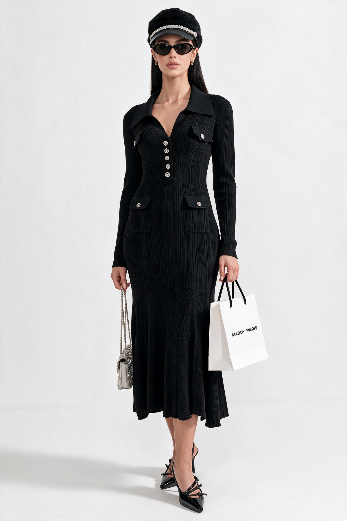 Elegant Ribbed Dress With Long Sleeves - Black