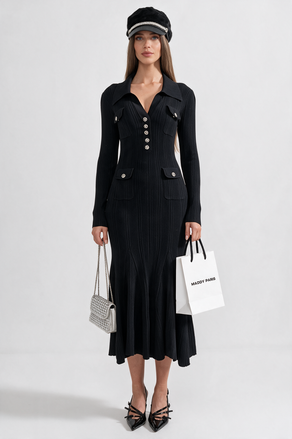 Elegant Ribbed Dress With Long Sleeves - Black