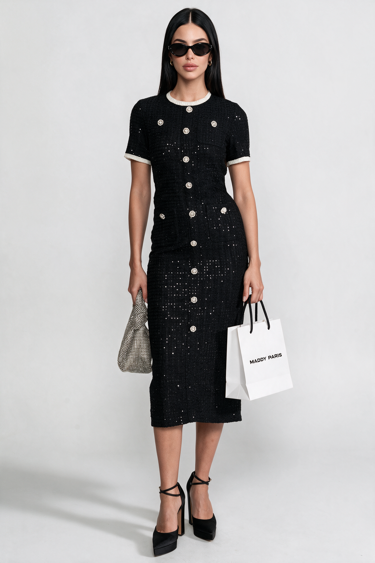 Sequin Midi Dress With Crystal Buttons and Lace Trim – Black