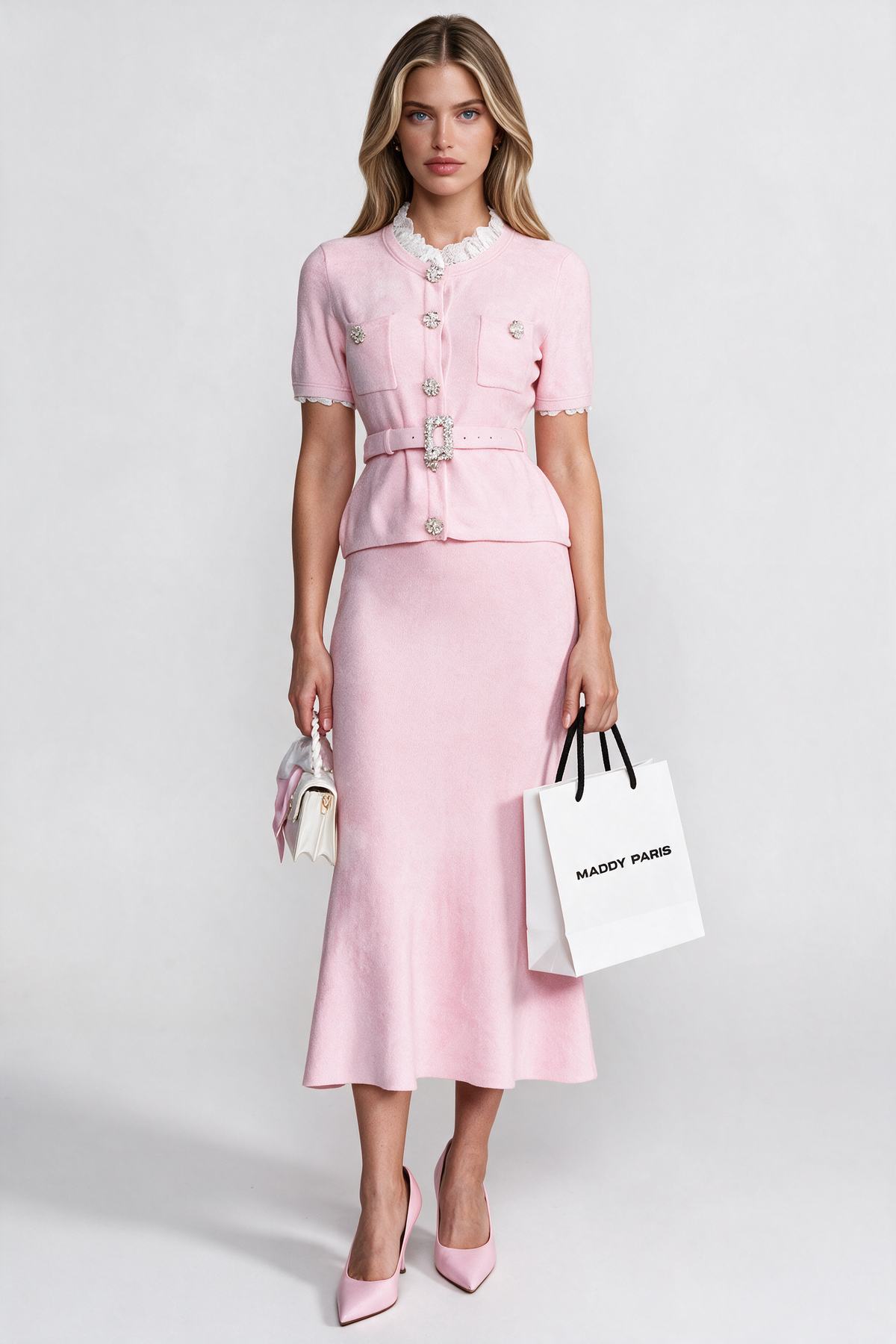 Short Sleeve Co-Ord With Peplum Waist And Crystal Button Belt - Blush Pink
