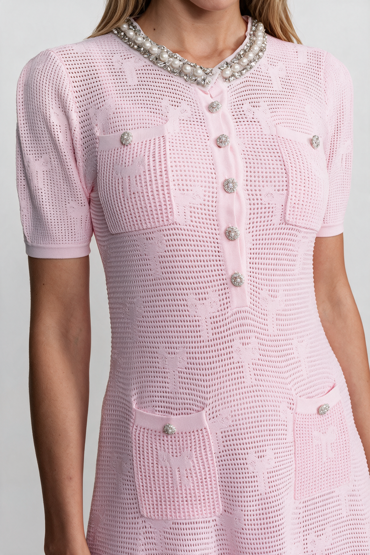 Textured Short Sleeve Mini Dress With Pearl Trim Neckline And Crystal Buttons - Pink