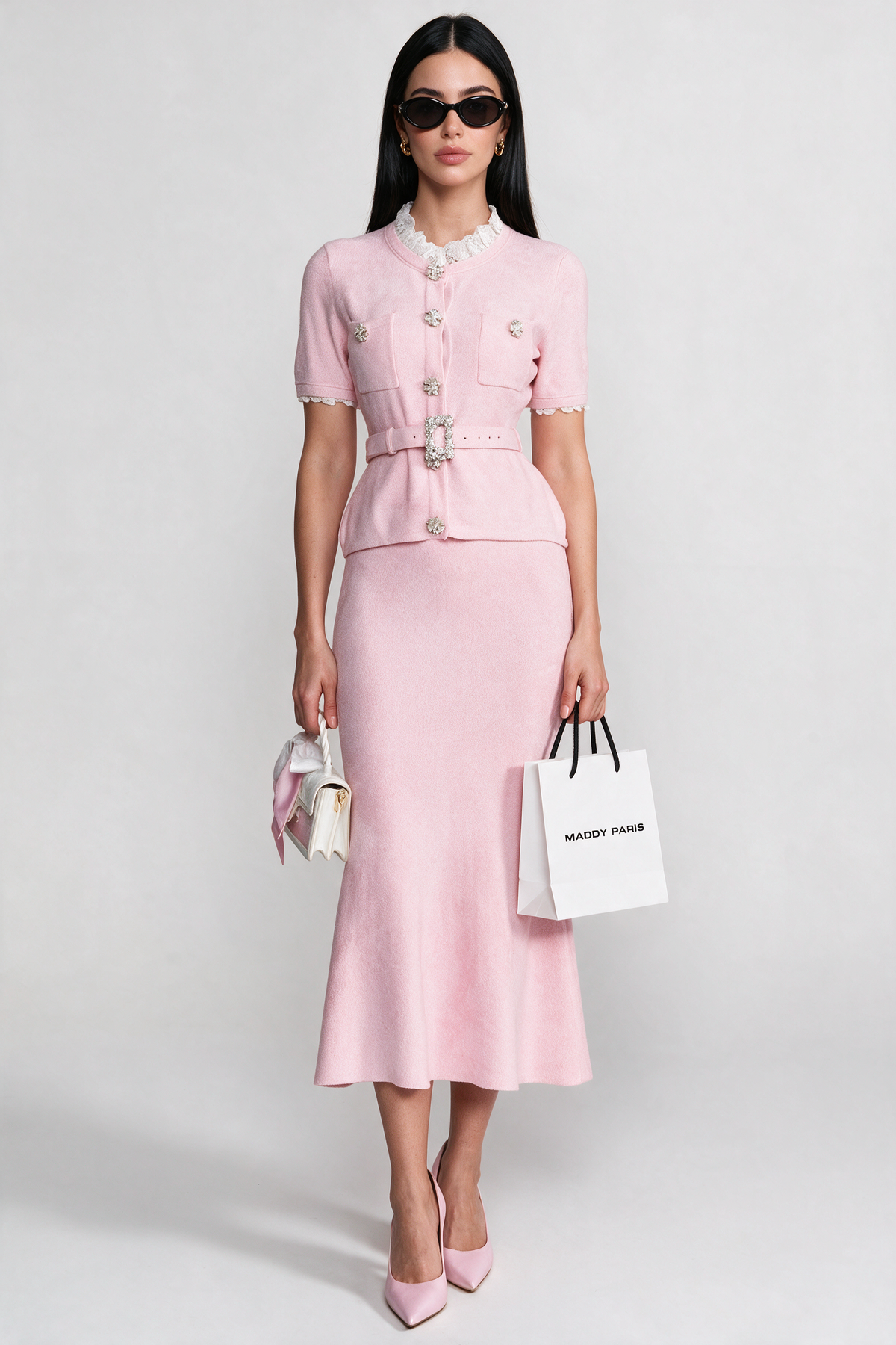 Short Sleeve Co-Ord With Peplum Waist And Crystal Button Belt - Blush Pink
