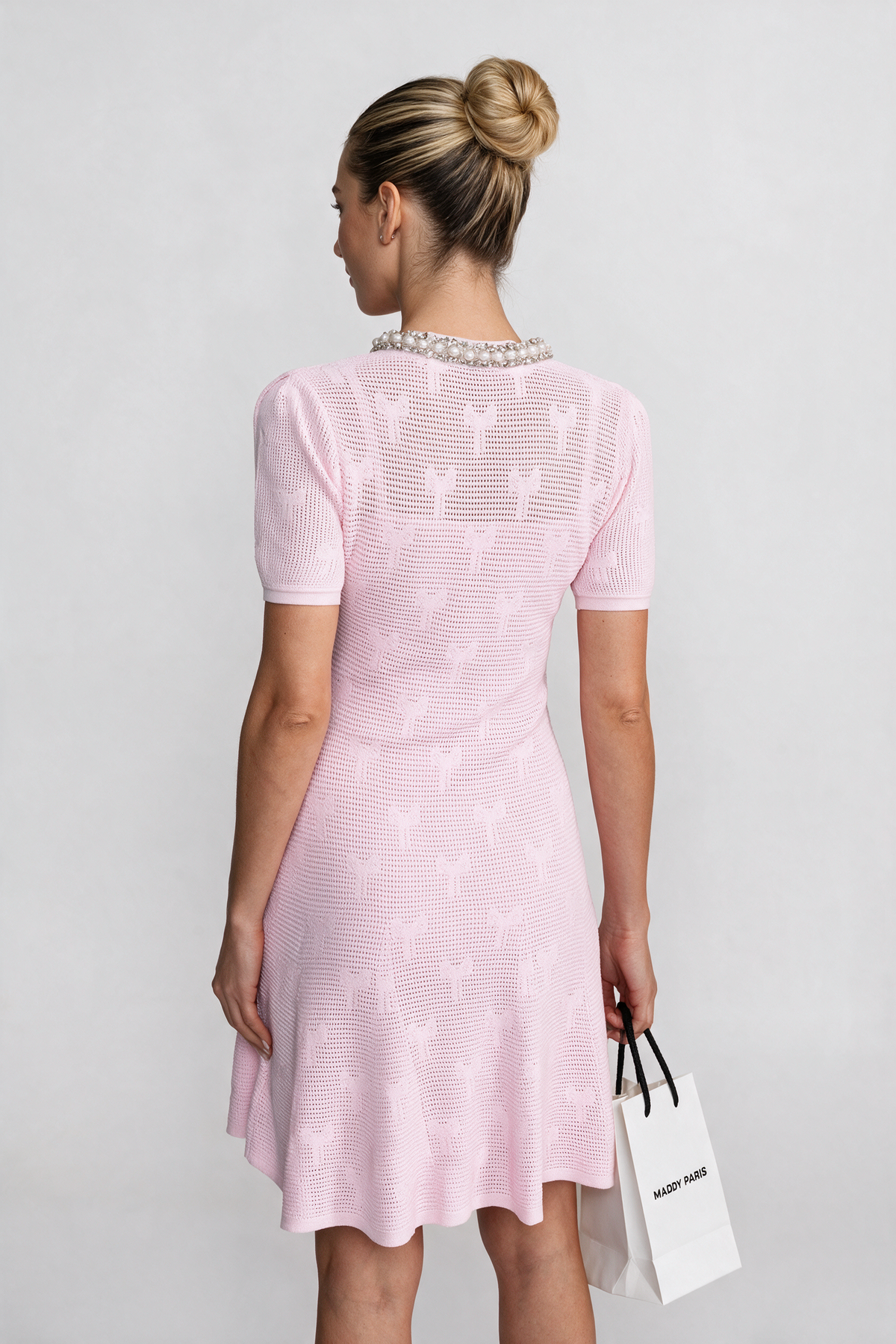 Textured Short Sleeve Mini Dress With Pearl Trim Neckline And Crystal Buttons - Pink