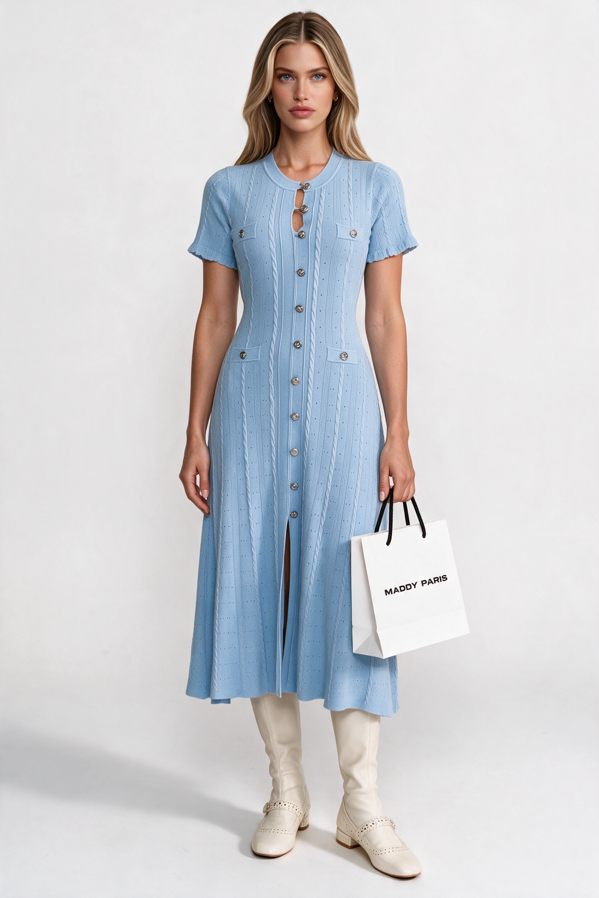 Knit Button-Front Midi Dress with Scalloped Sleeves – Baby Blue