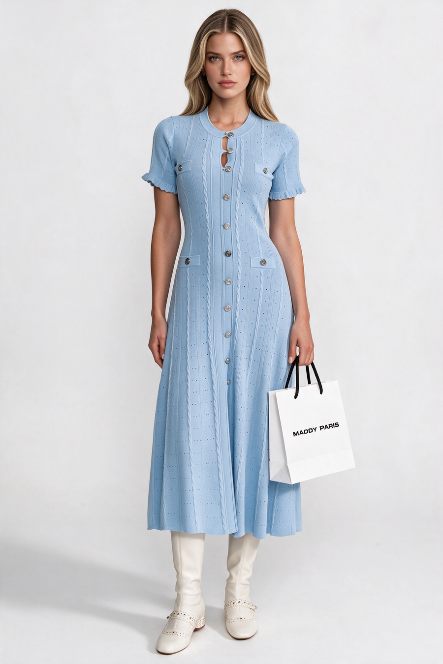 Knit Button-Front Midi Dress with Scalloped Sleeves – Baby Blue