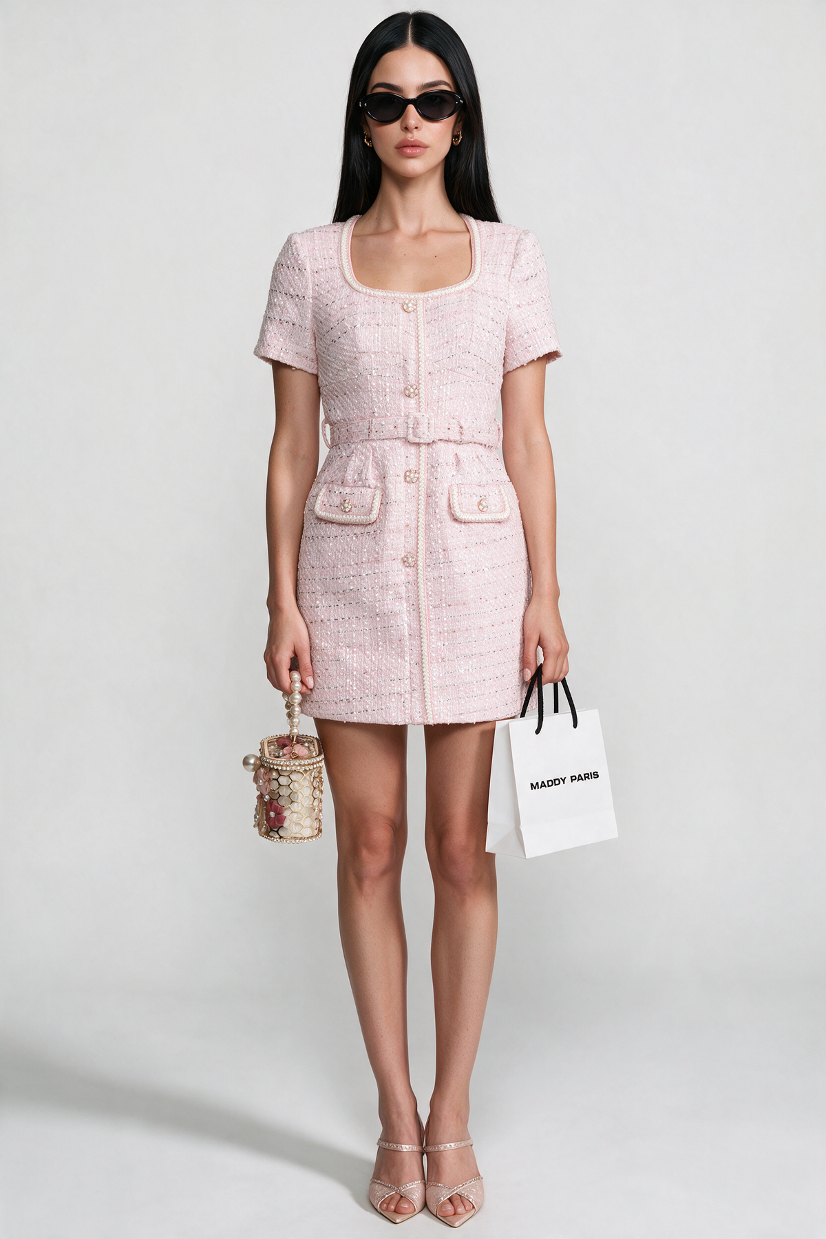 Short Sleeve Tweed Mini Dress With Matching Belt – Blush Pink