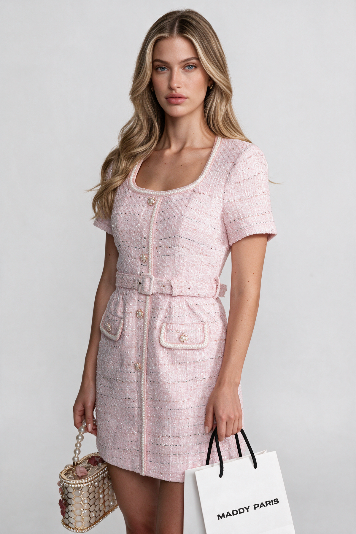 Short Sleeve Tweed Mini Dress With Matching Belt – Blush Pink