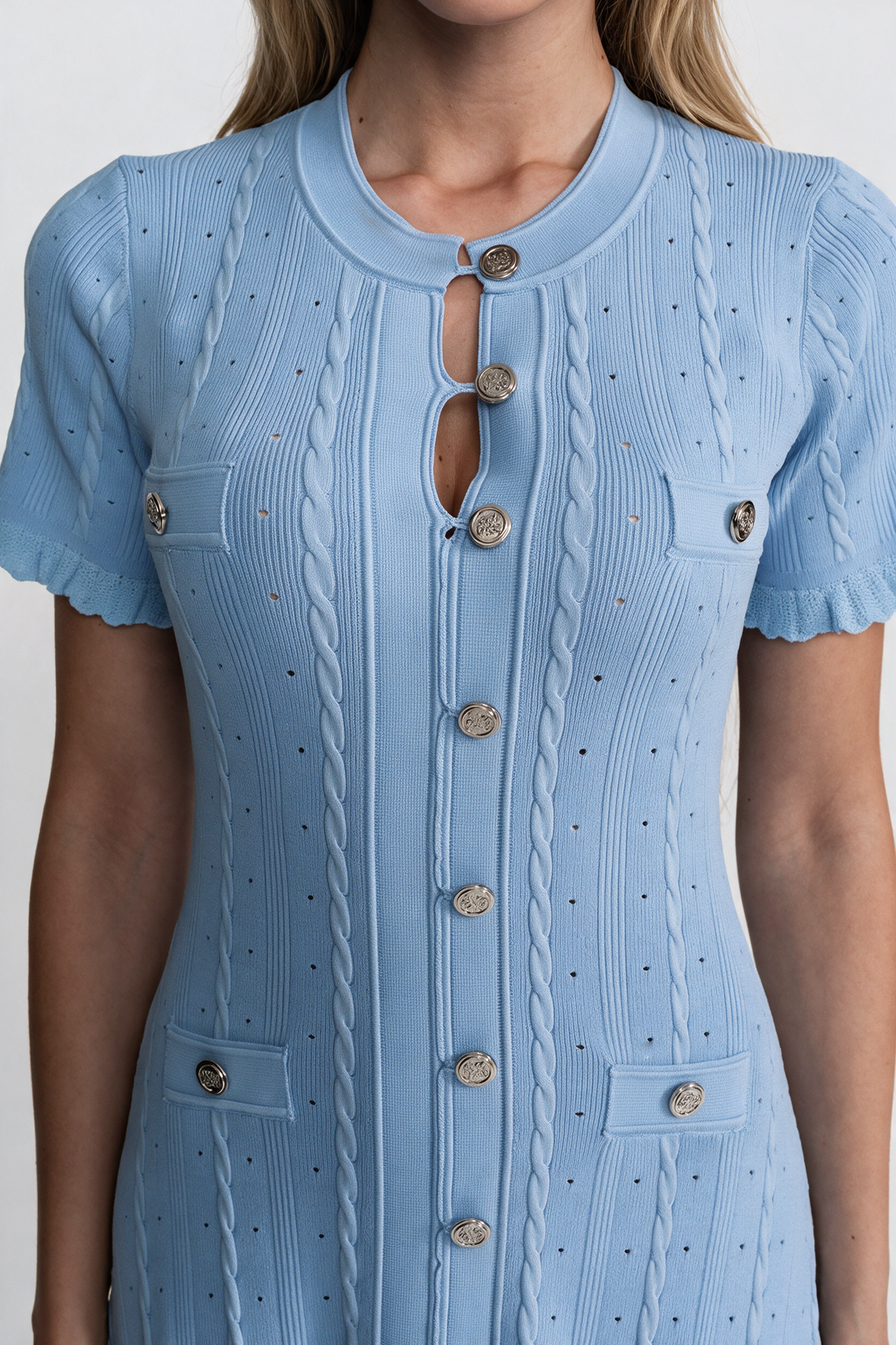 Knit Button-Front Midi Dress with Scalloped Sleeves – Baby Blue
