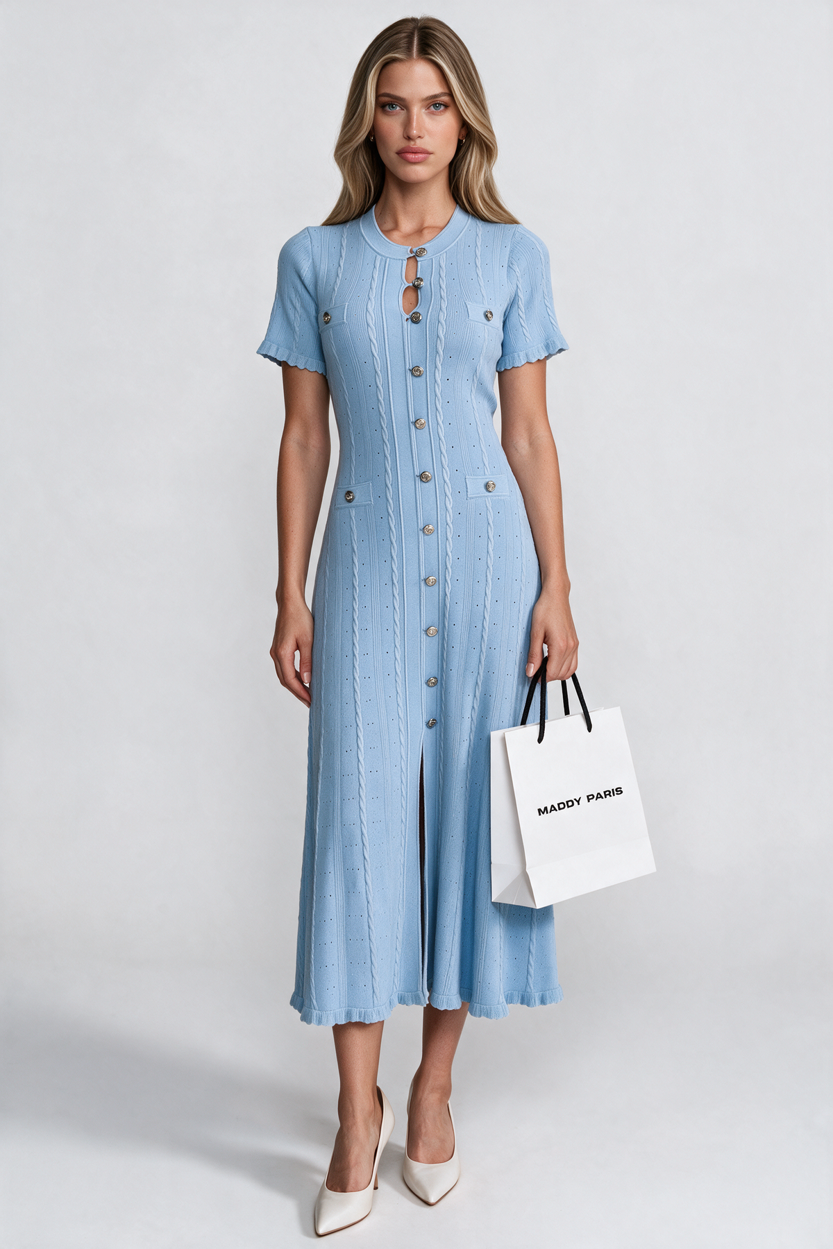 Knit Button-Front Midi Dress with Scalloped Sleeves – Baby Blue