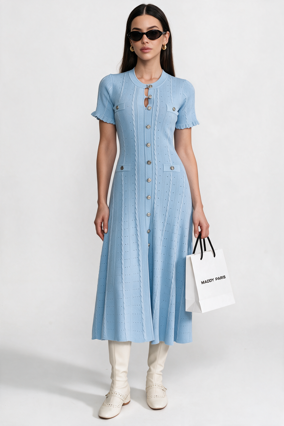 Knit Button-Front Midi Dress with Scalloped Sleeves – Baby Blue