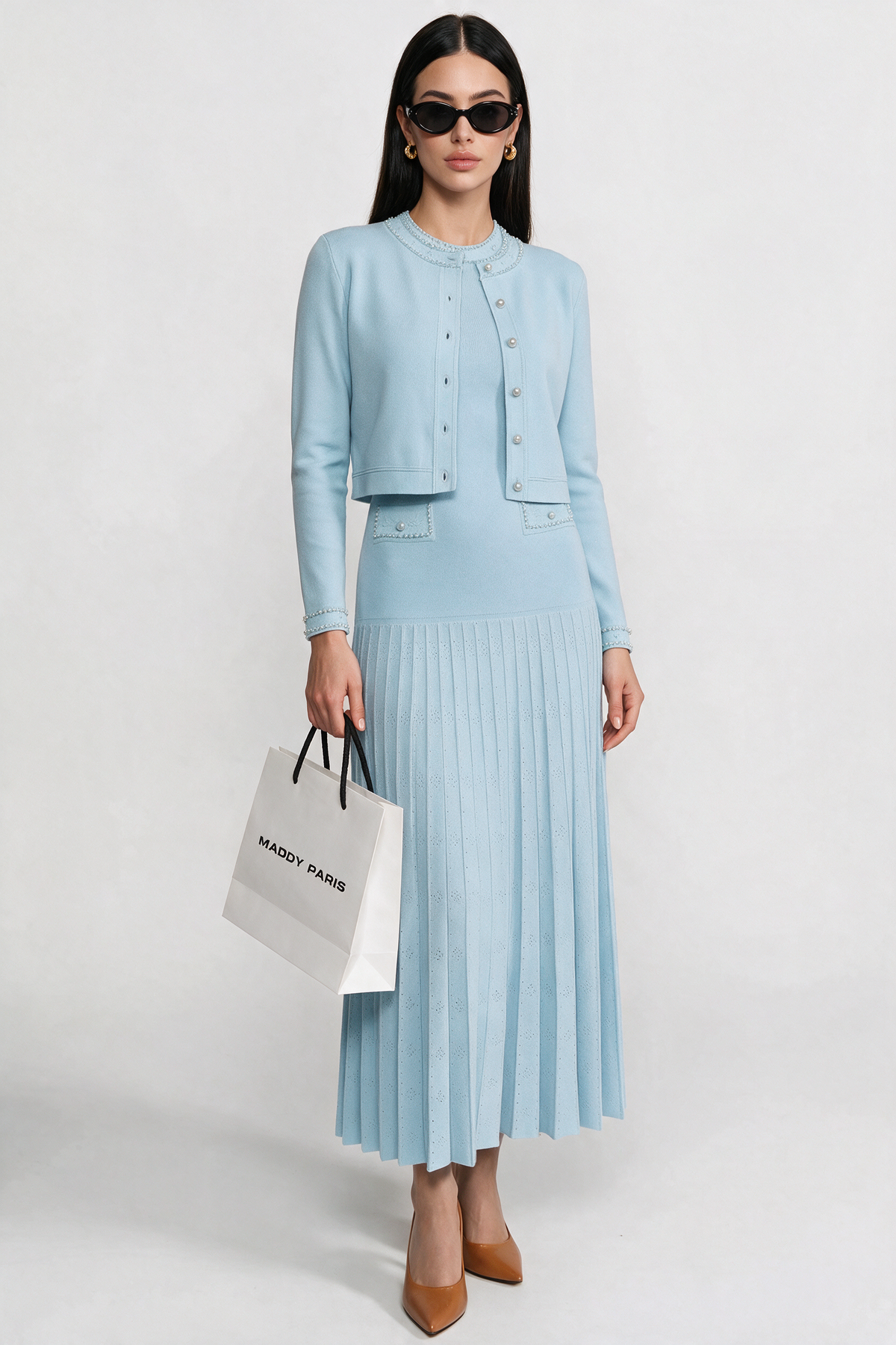 Knitted Cardigan With Pearl Buttons And Embellishments - Blue