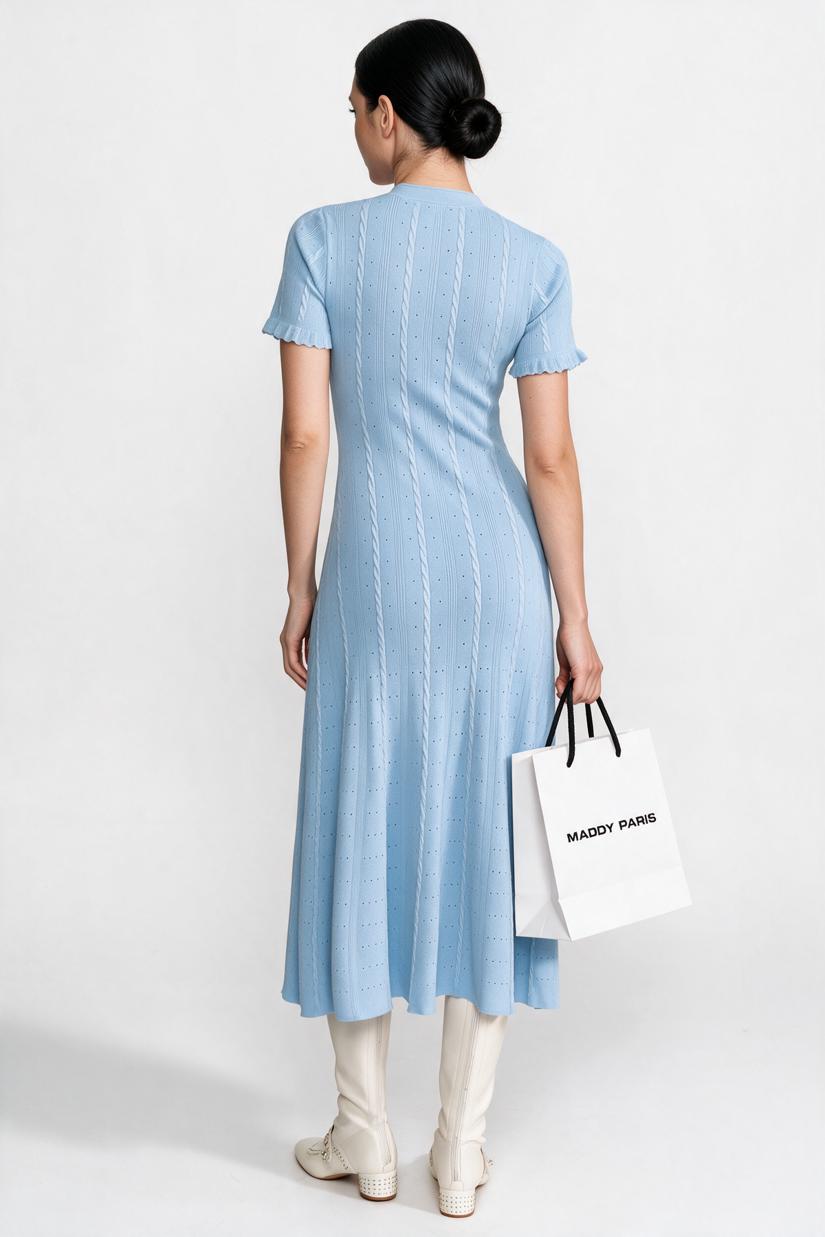 Knit Button-Front Midi Dress with Scalloped Sleeves – Baby Blue