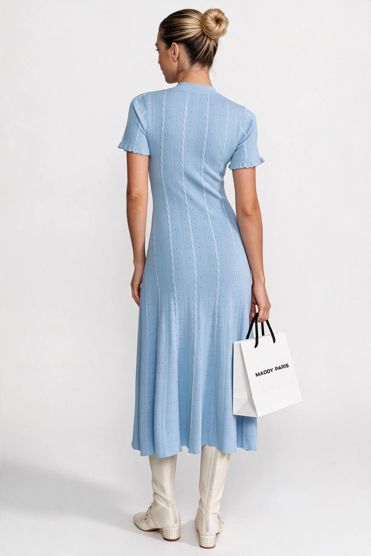 Knit Button-Front Midi Dress with Scalloped Sleeves – Baby Blue