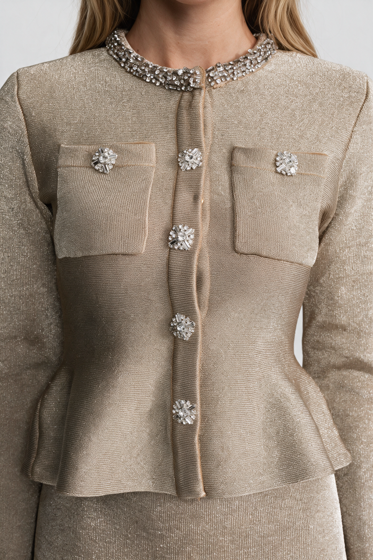 Shimmer Knit Dress with Crystal Button Accents – Champagne
