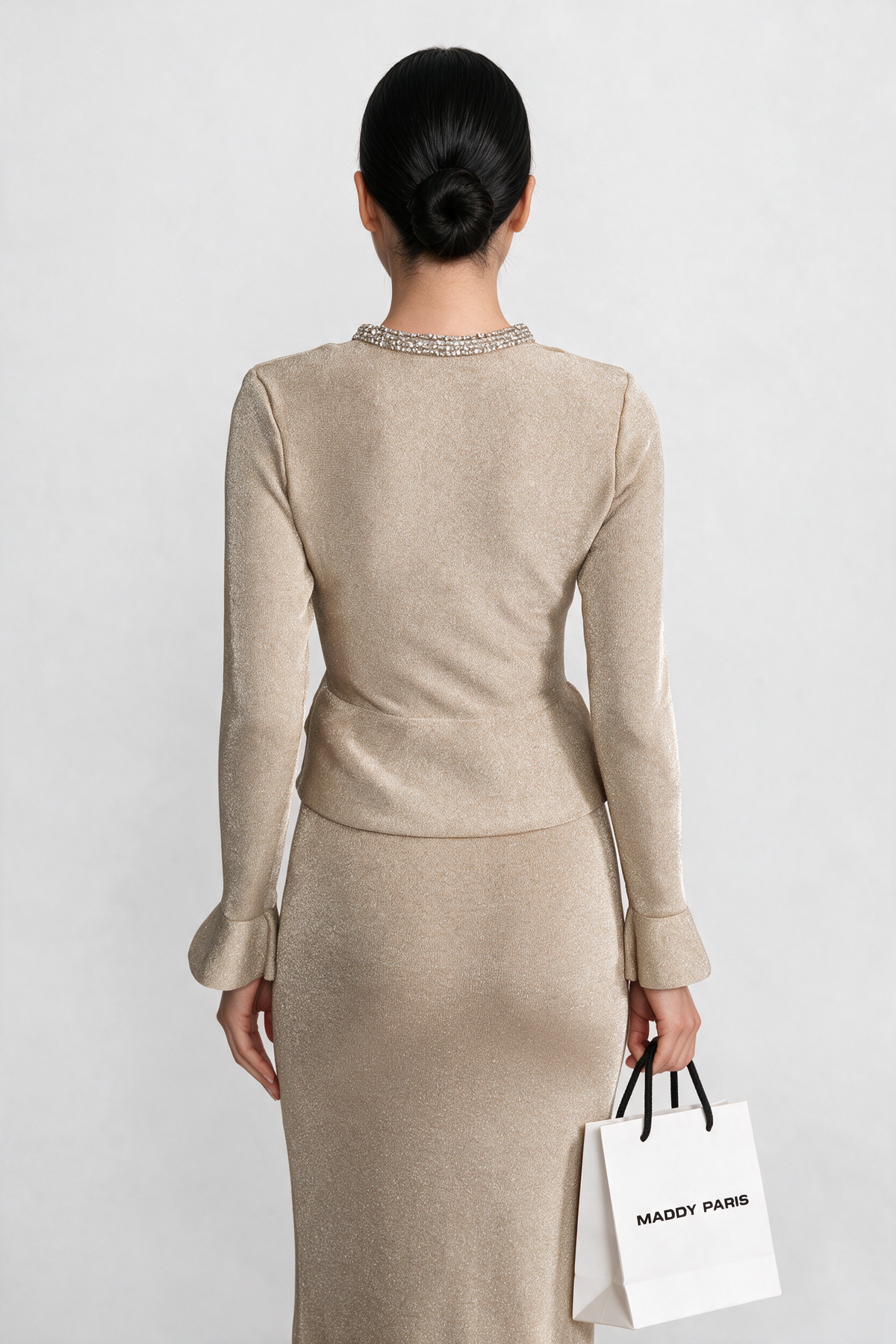 Shimmer Knit Dress with Crystal Button Accents – Champagne
