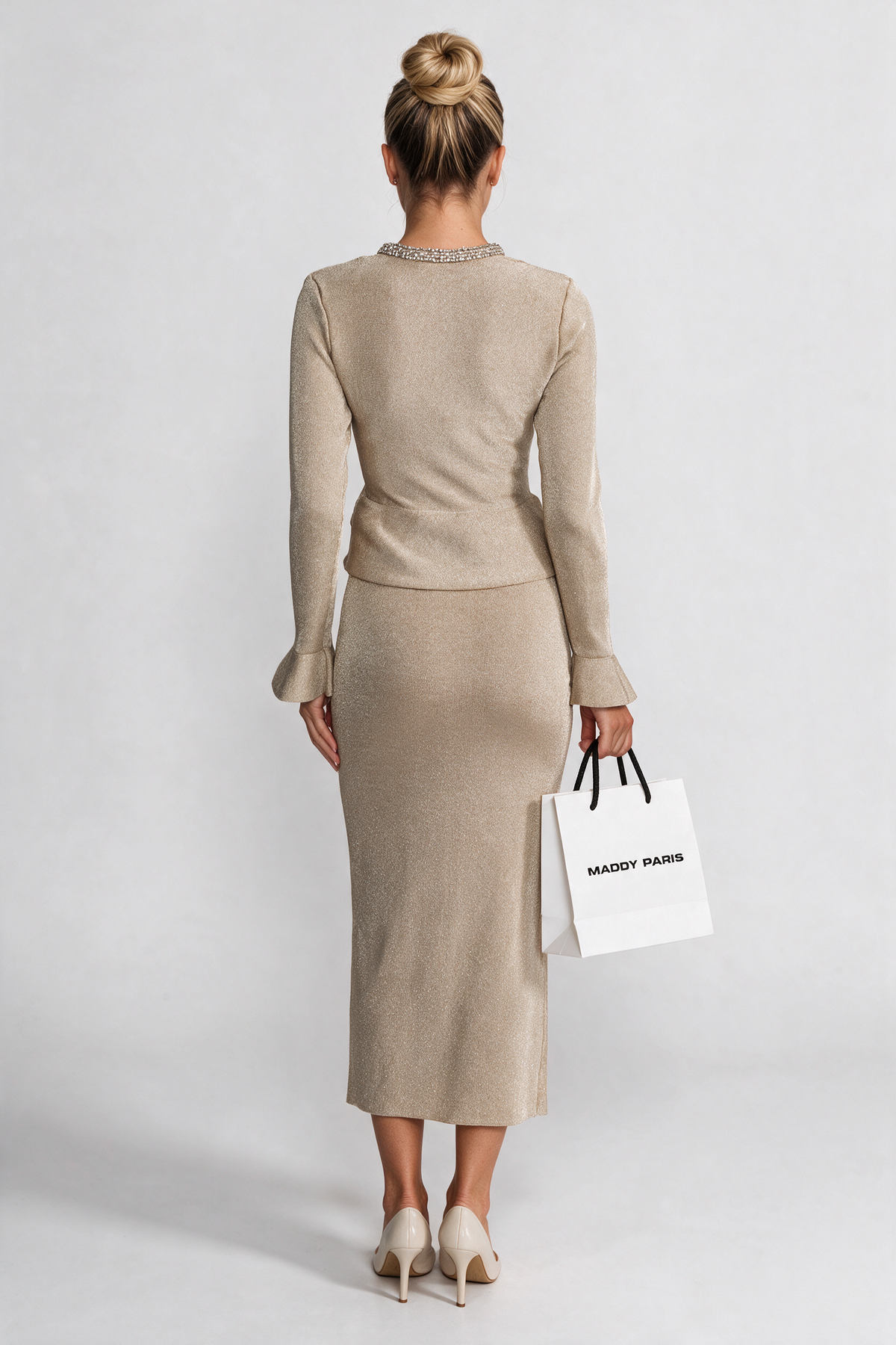 Shimmer Knit Dress with Crystal Button Accents – Champagne