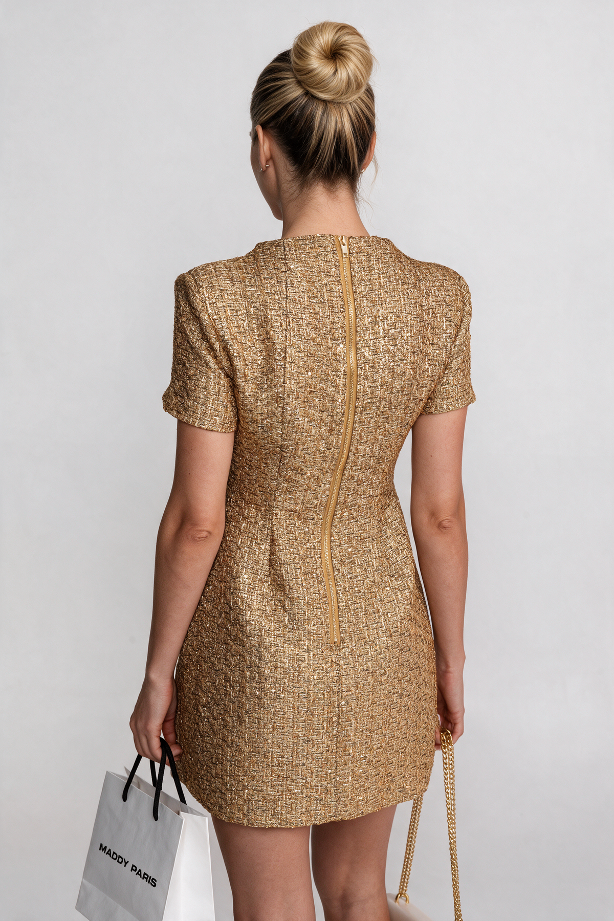 Tweed Mini Dress With Round Neckline And Pearl Button Detail - Gold