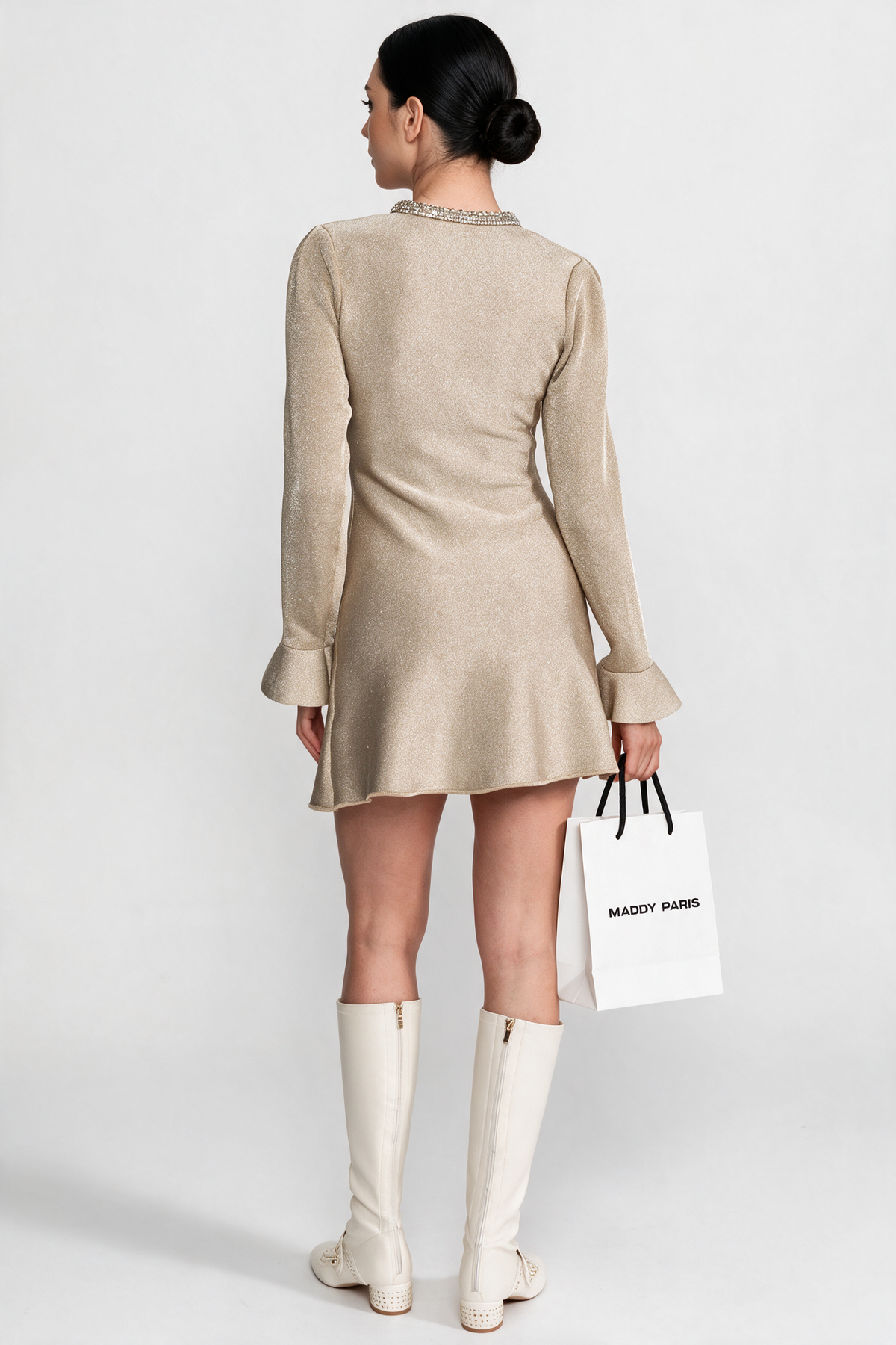 Shimmer Mini Dress with Crystal Button Embellishments – Champagne