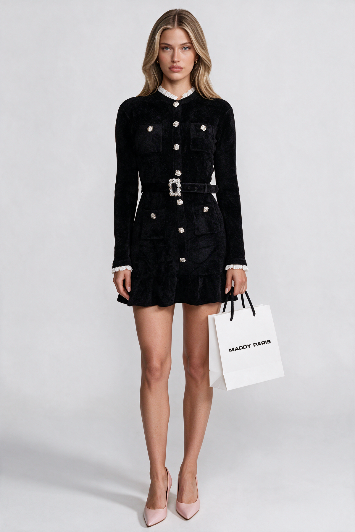 Knit Crystal-Button Mini Dress With Matching Belt – Black