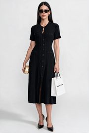 Corinne Black Knit Button-Front Midi Dress with Scalloped Sleeves
