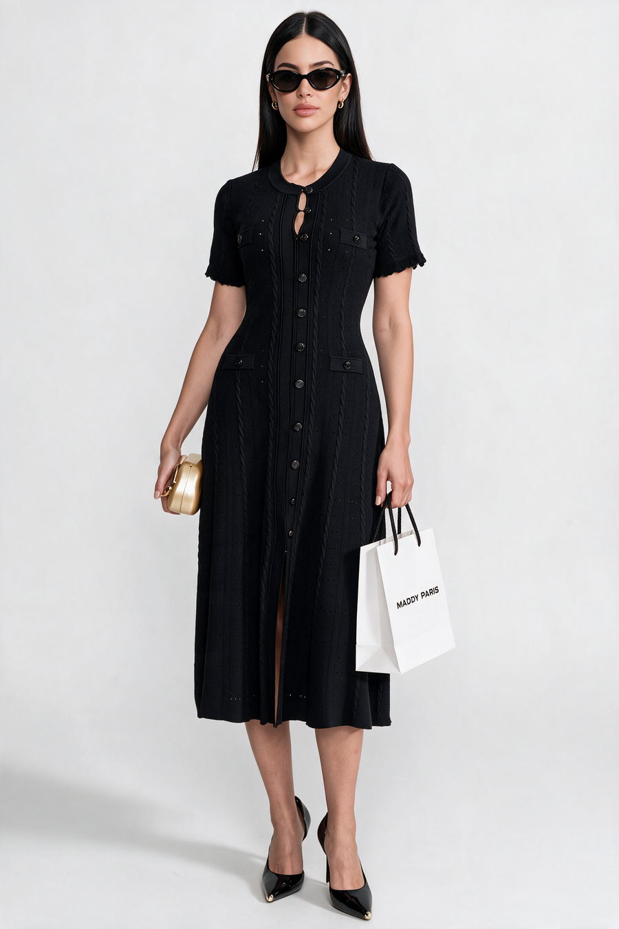 Knit Button-Front Midi Dress with Scalloped Sleeves – Black