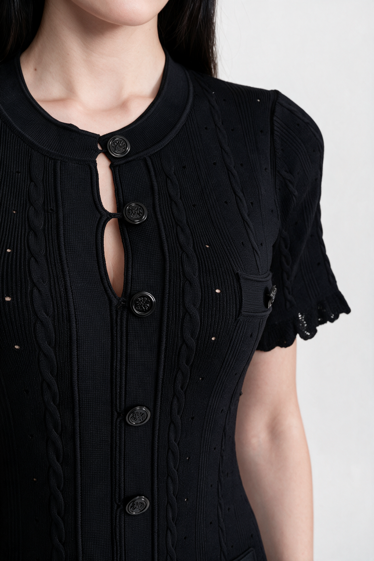 Knit Button-Front Midi Dress with Scalloped Sleeves – Black