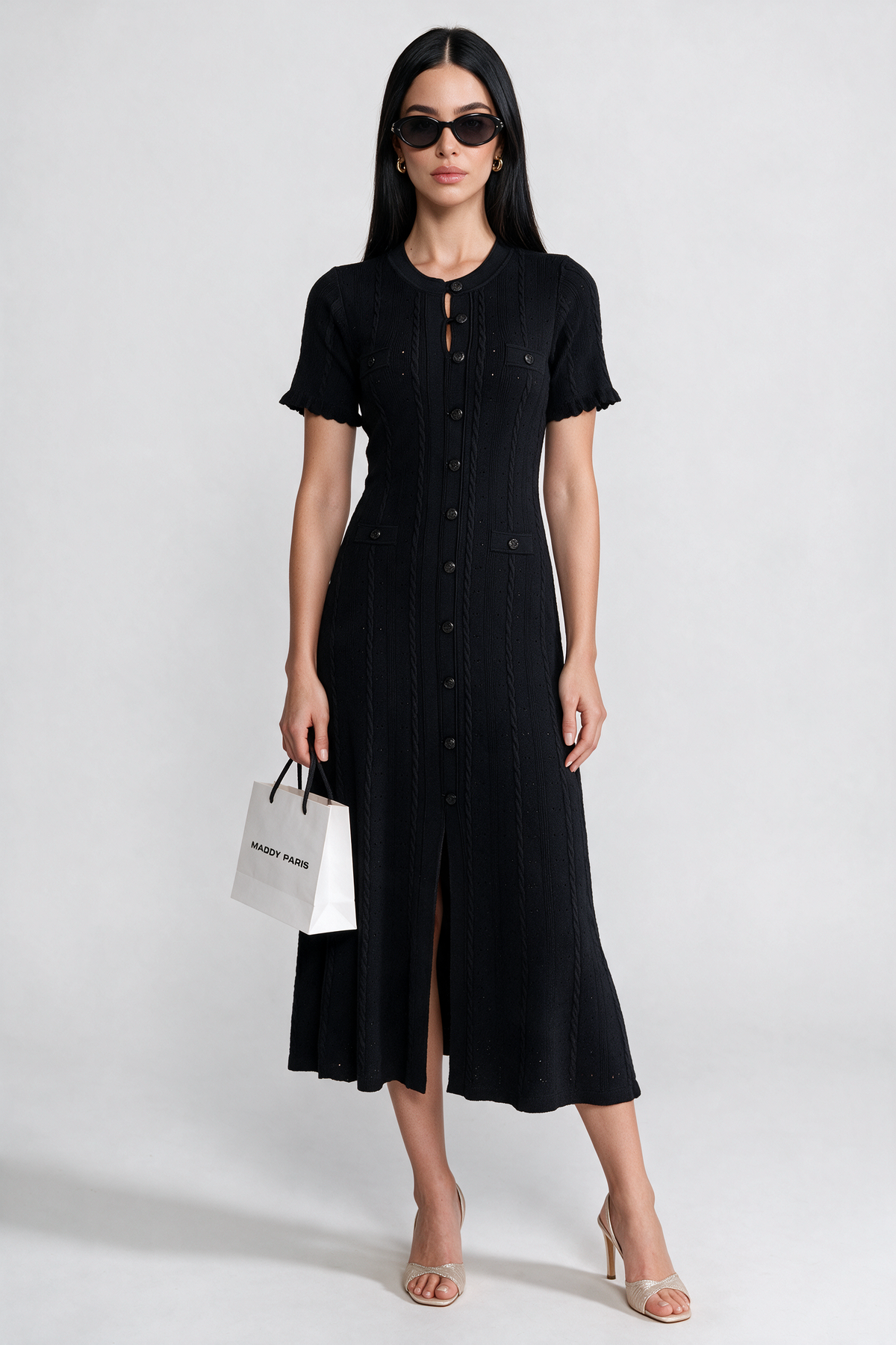 Knit Button-Front Midi Dress with Scalloped Sleeves – Black