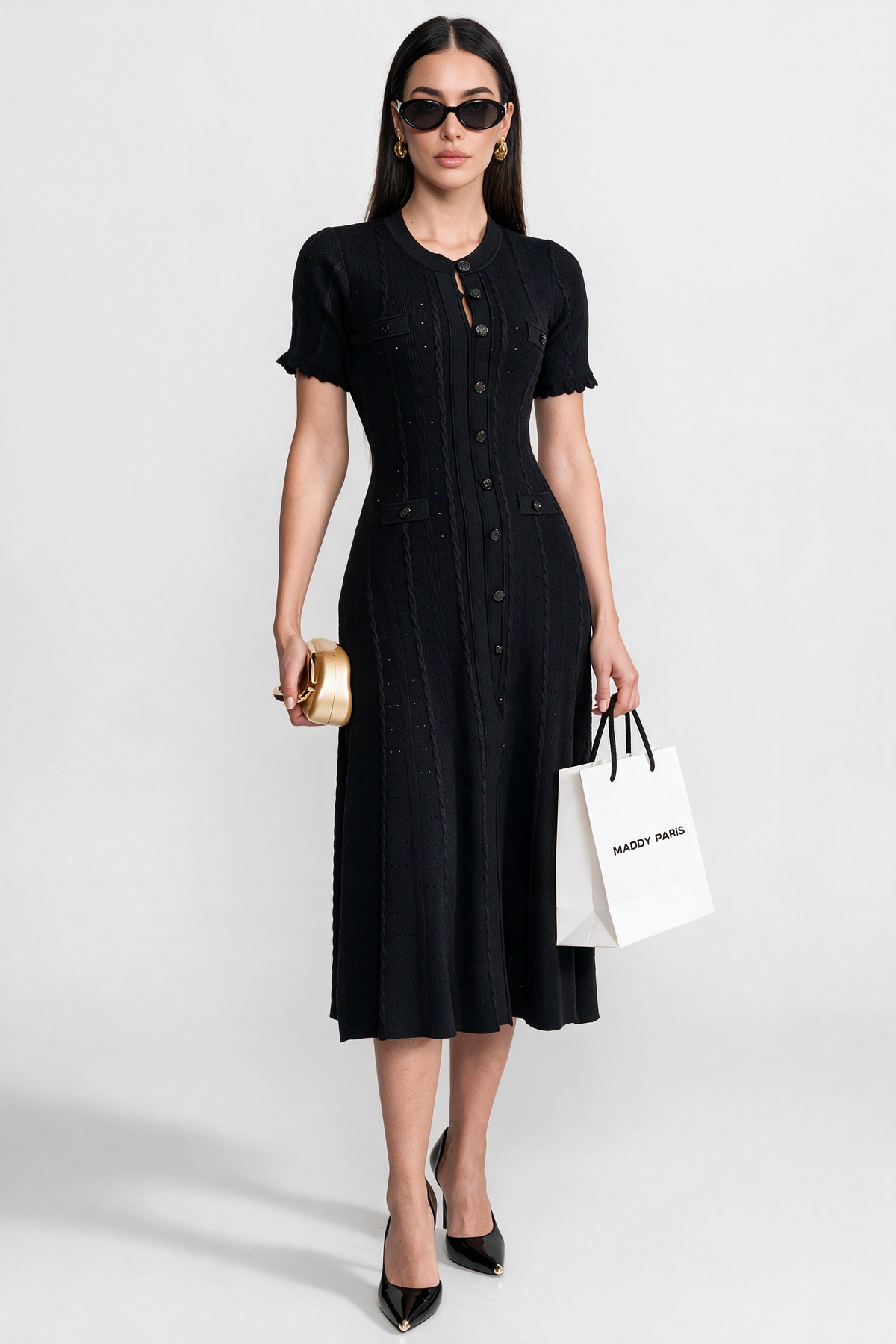 Knit Button-Front Midi Dress with Scalloped Sleeves – Black