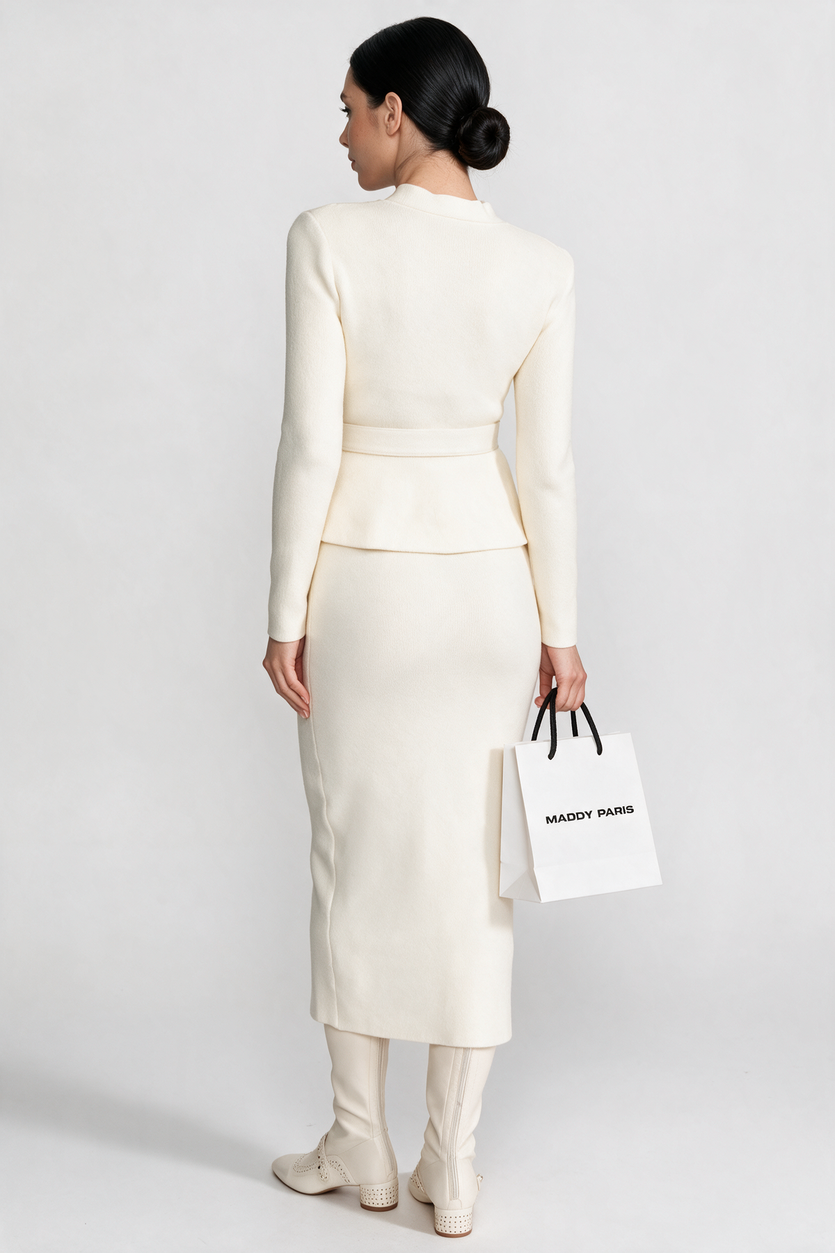 Midi Dress with Peplum Waist and Crystal Collar – Ivoire