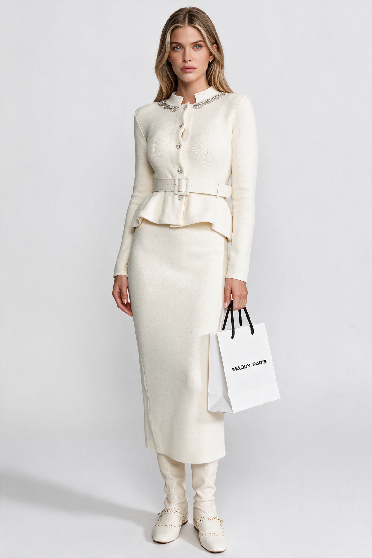 Midi Dress with Peplum Waist and Crystal Collar – Ivoire