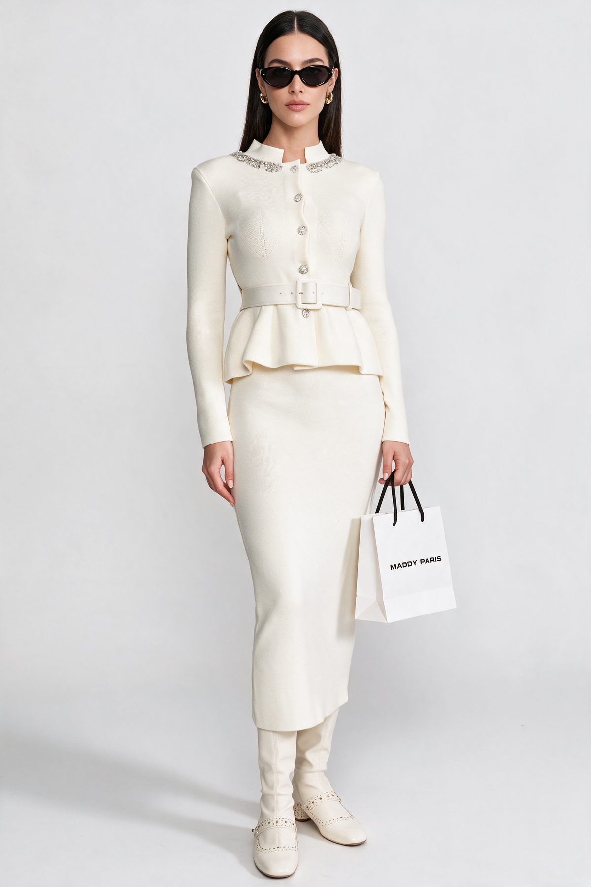 Midi Dress with Peplum Waist and Crystal Collar – Ivoire