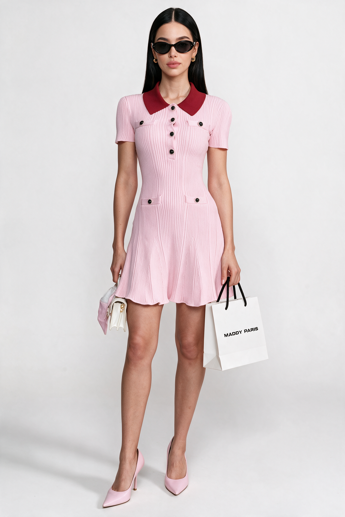Ribbed Short Sleeve Mini Dress With Contrast Collar And Button Front Detail - Blush Pink