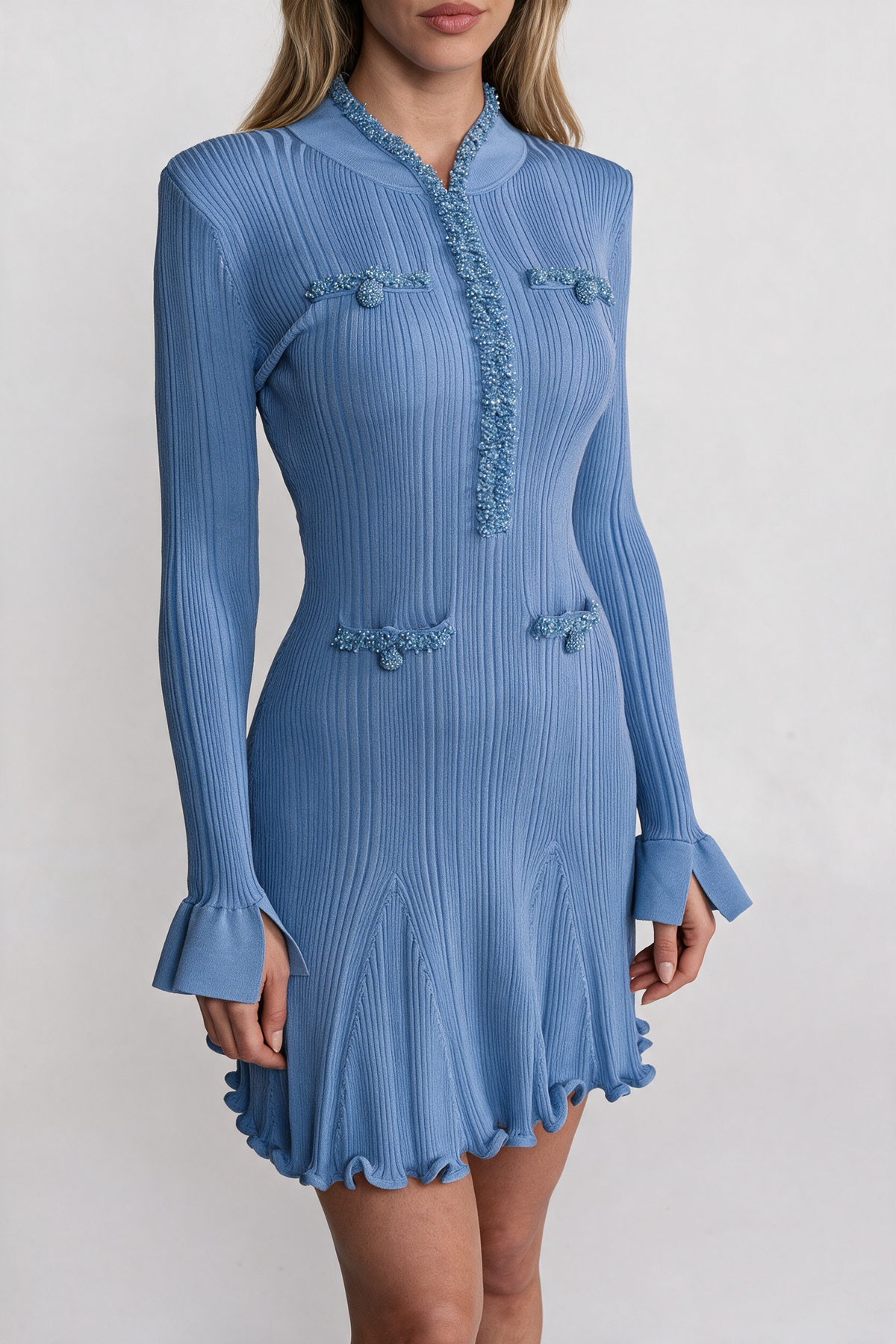 Ribbed Knit Mini Dress With Beaded Trim Detailing - Blue