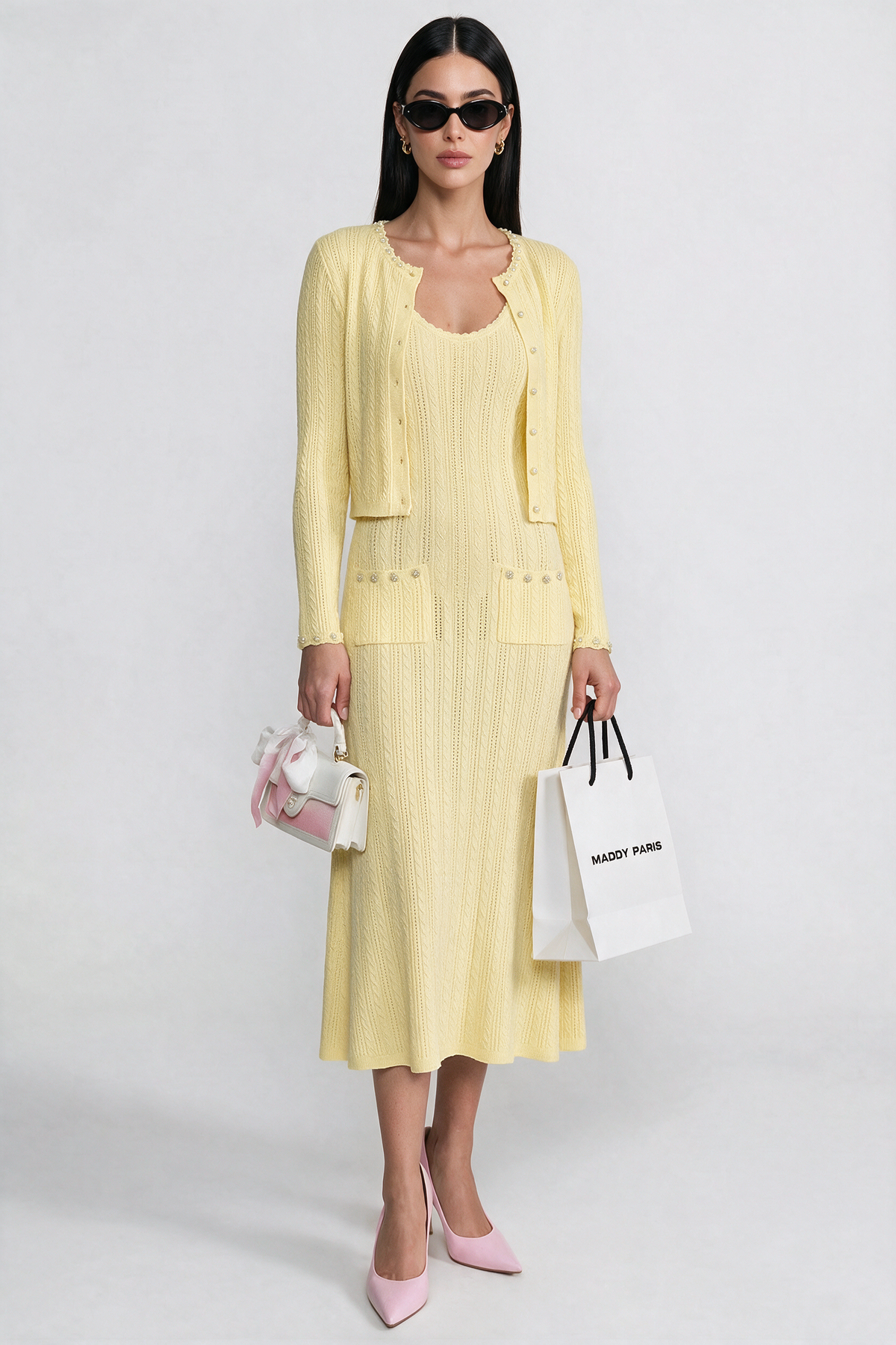 Ribbed Knit Dress and Cardigan Set With Pearl Button Detailing - Yellow