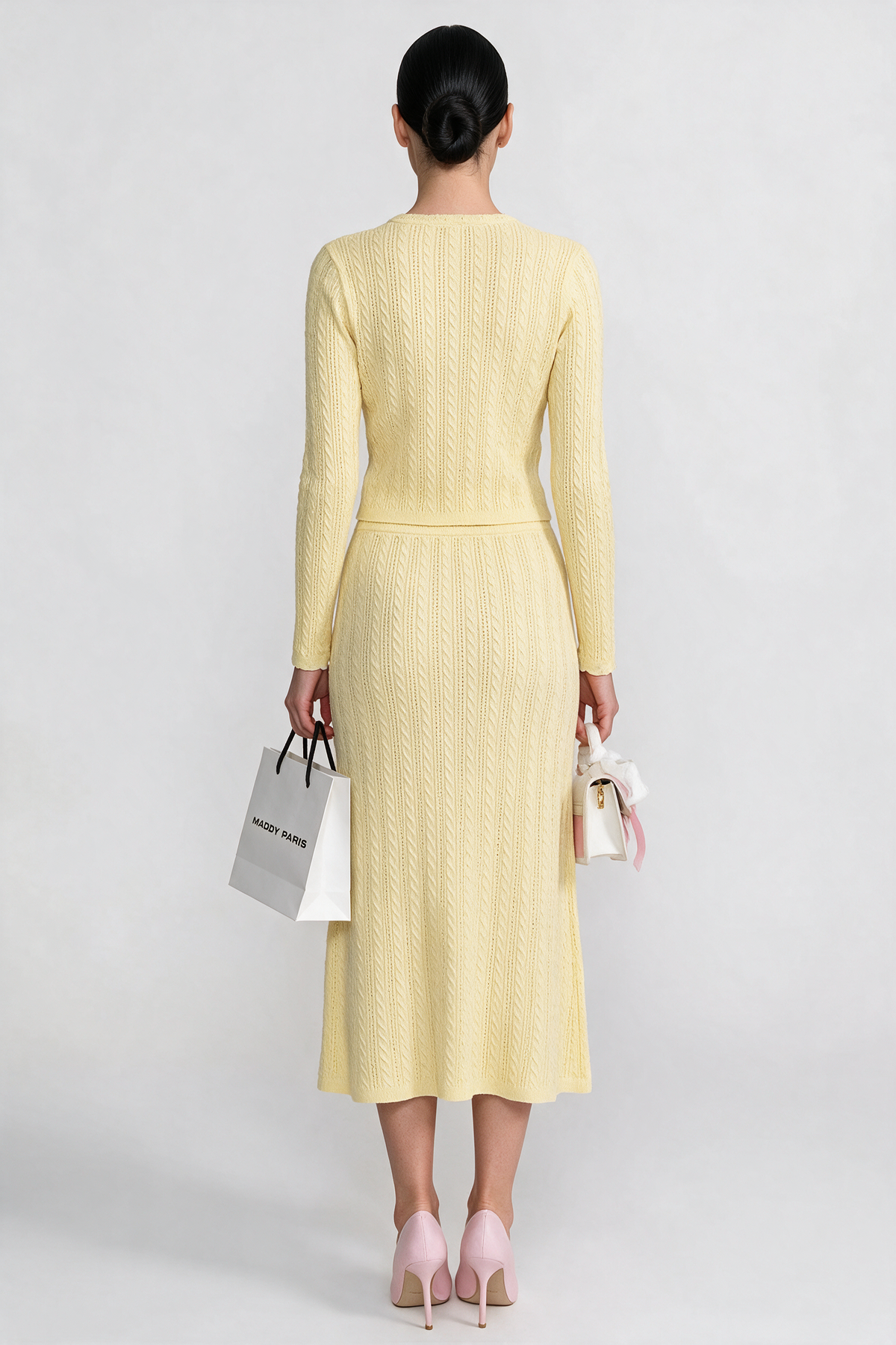 Ribbed Knit Dress and Cardigan Set With Pearl Button Detailing - Yellow