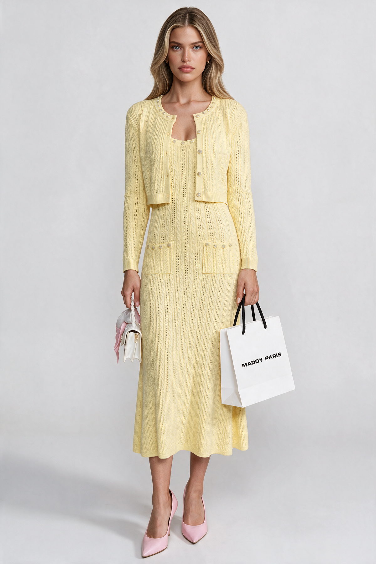 Ribbed Knit Dress and Cardigan Set With Pearl Button Detailing - Yellow