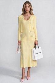 Mirabelle Yellow Ribbed Knit Dress and Cardigan Set With Pearl Button Detailing