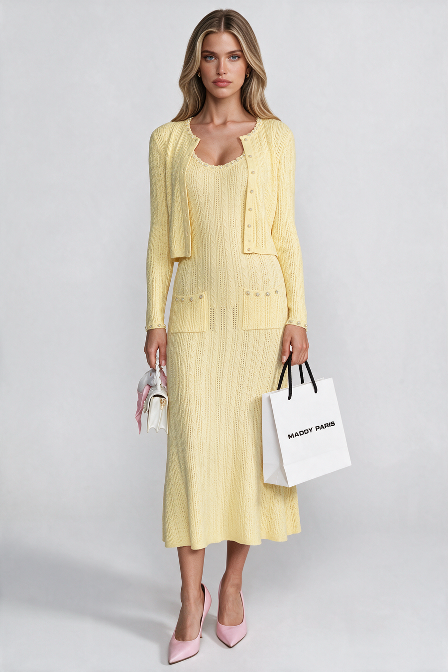 Ribbed Knit Dress and Cardigan Set With Pearl Button Detailing - Yellow