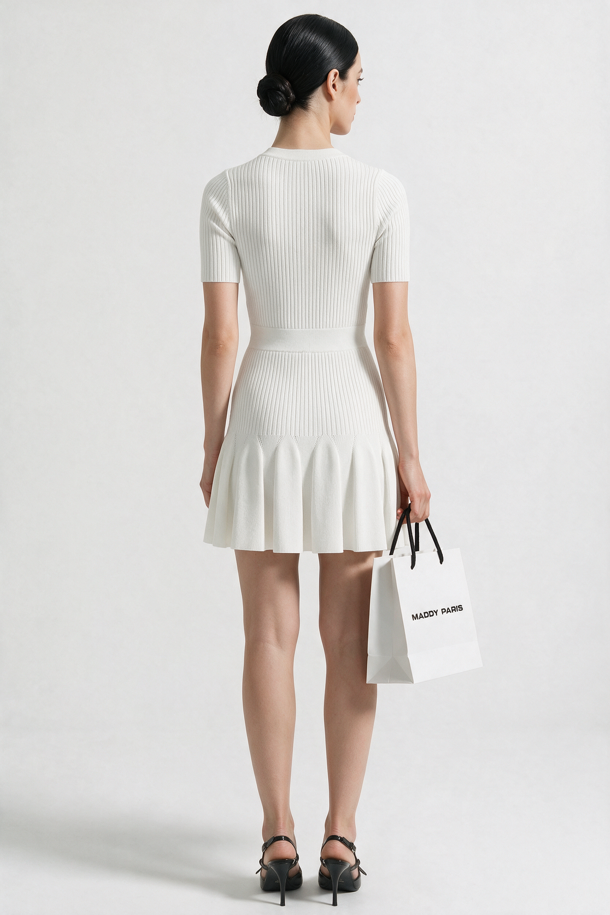 Ribbed Knit Mini Dress With Gold Button Keyhole Neckline - White