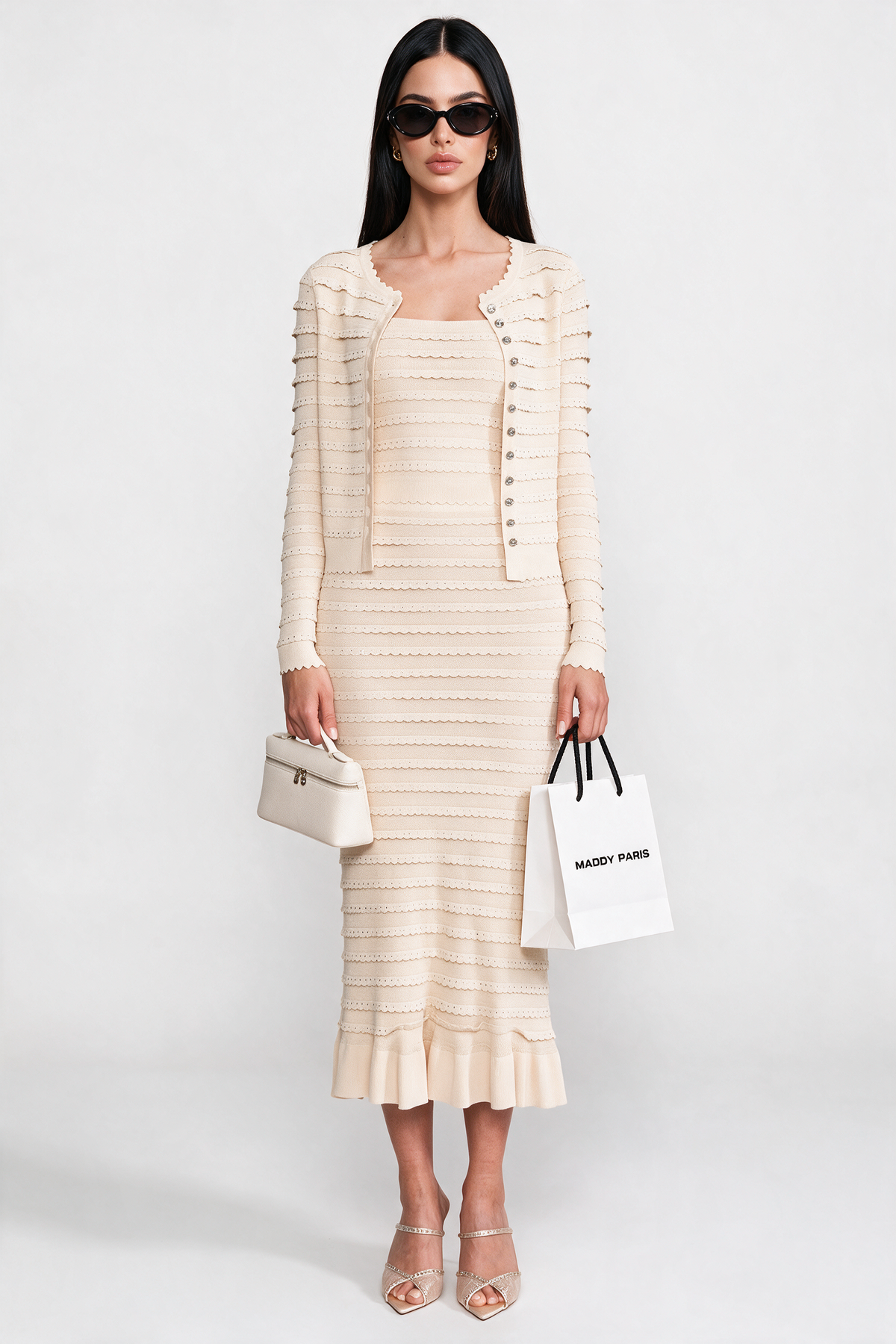 Textured Knit 3 Piece Set With Blazer, Top And Midi Skirt - Beige