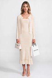 Fiorella Beige Textured Knit 3 Piece Set With Blazer, Top And Midi Skirt