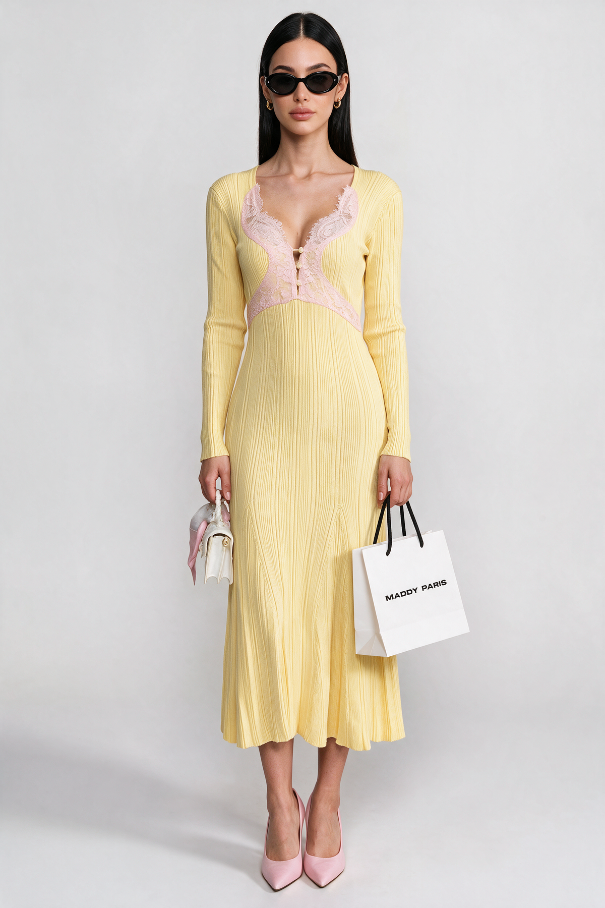 Ribbed Long Sleeve Midi Dress With Lace-Trim V-Neckline - Yellow