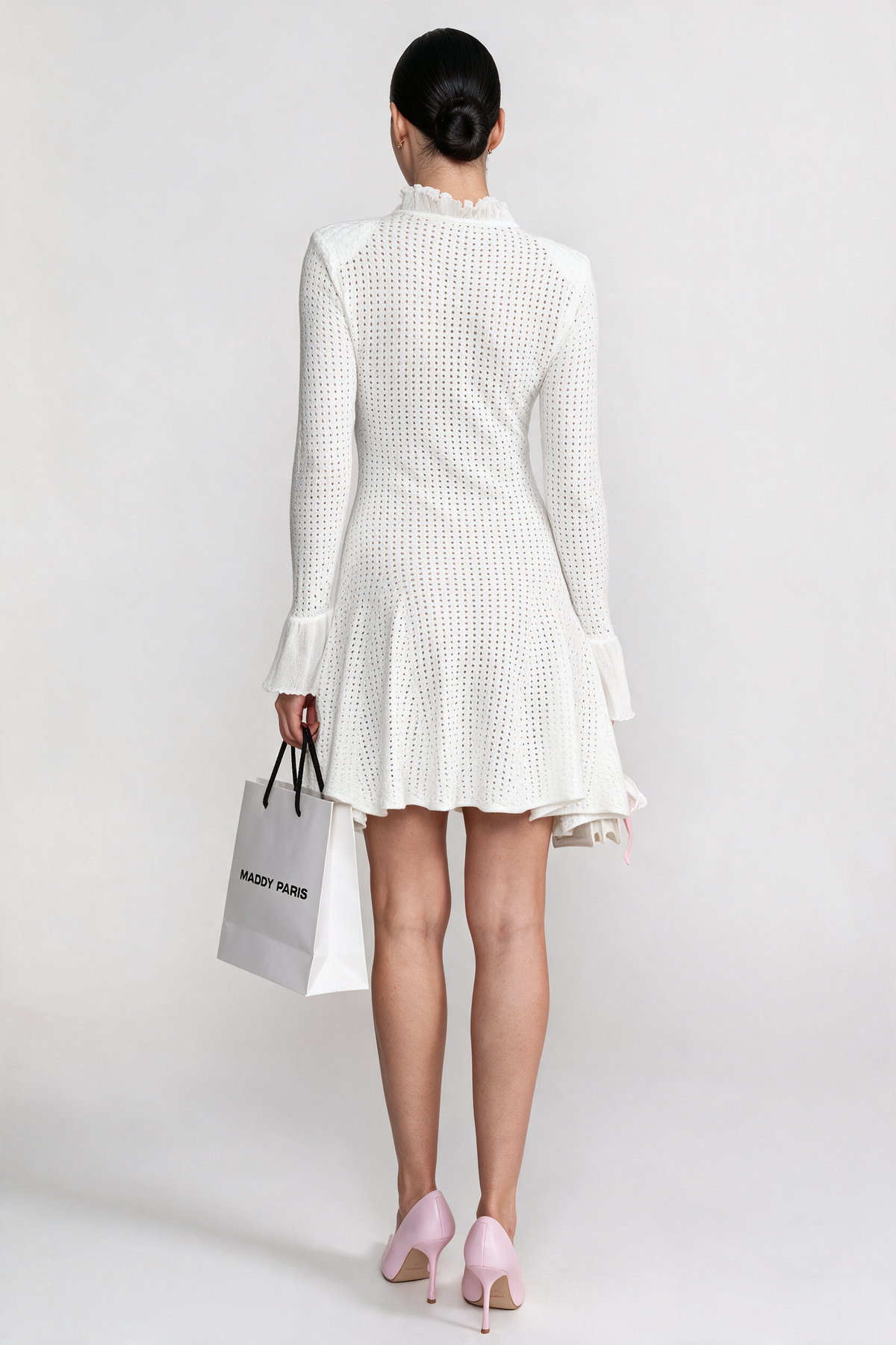 Open-Knit Mini Dress With Ruffle High Neck And Pearl Button Placket - White
